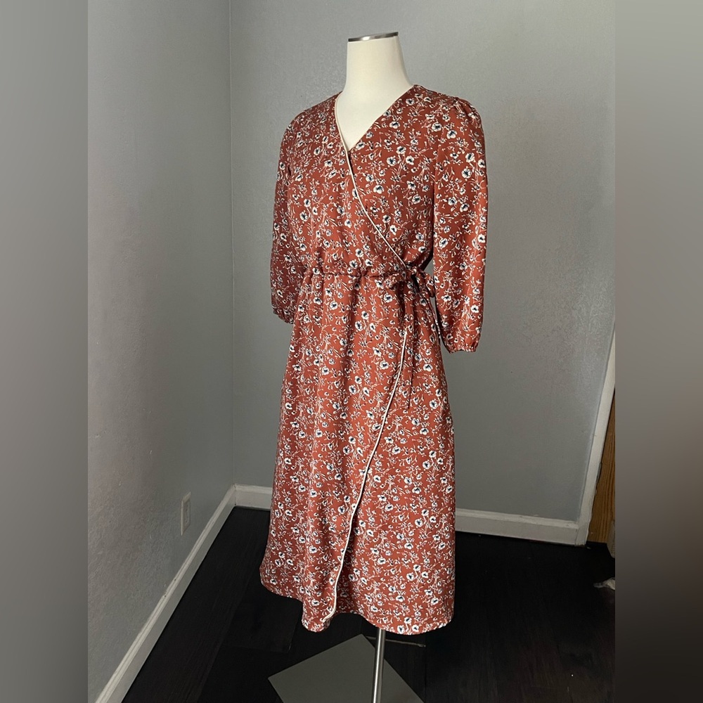 Rust Floral Wrap Long Sleeve Dress